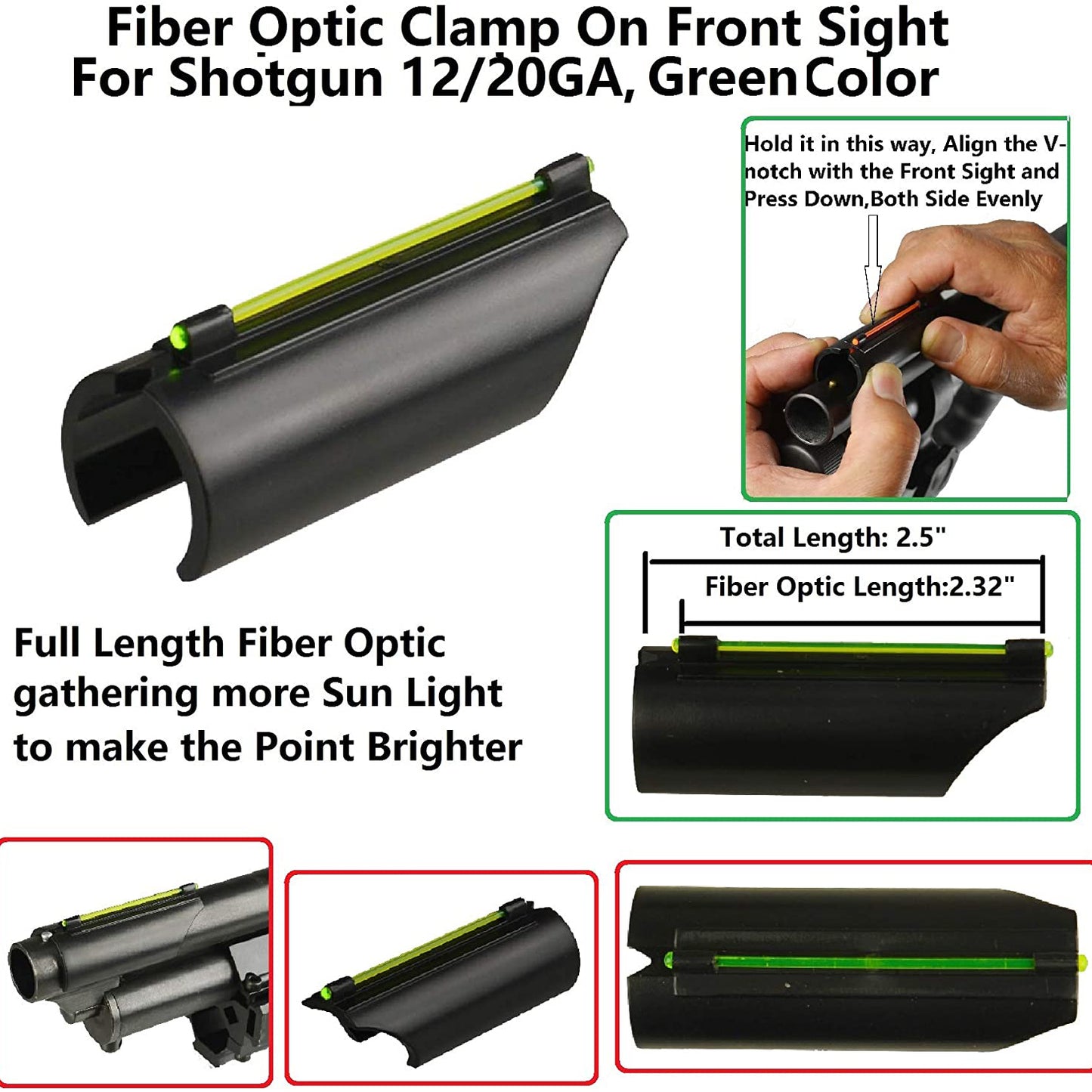 Abrazadera de fibra óptica para cañón en mira frontal para escopeta calibre 12/20 Glowing Arms Ultimate Plain Line Green Gear 